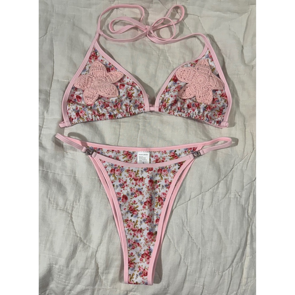 Strawberry Milk Mob Baby Doll Bikini Set Pink Floral Crochet Star Triangle Large